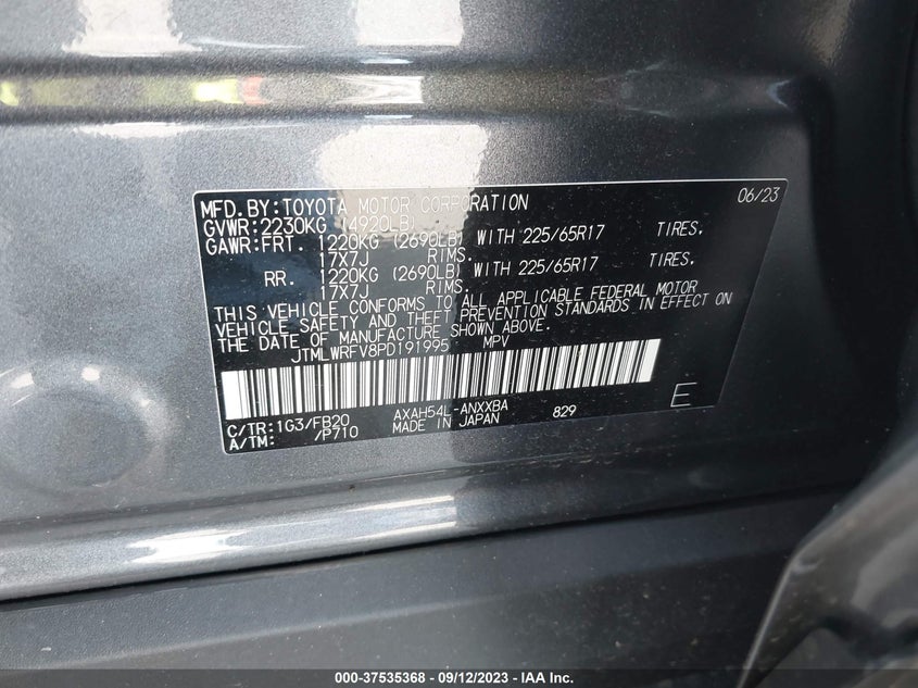 VIN JTMLWRFV8PD191995 2023 TOYOTA RAV4 HYBRID LE