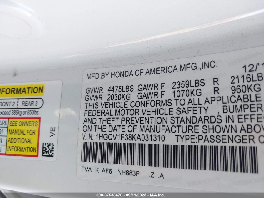 2019 HONDA ACCORD SEDAN SPORT 1.5T - 1HGCV1F38KA031310