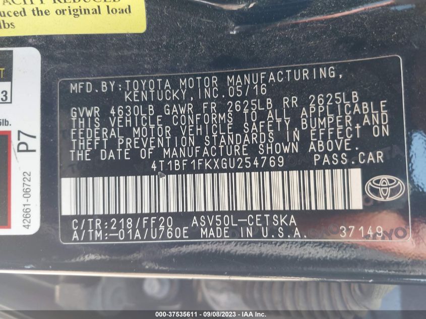 2016 TOYOTA CAMRY XLE/SE/LE/XSE - 4T1BF1FKXGU254769