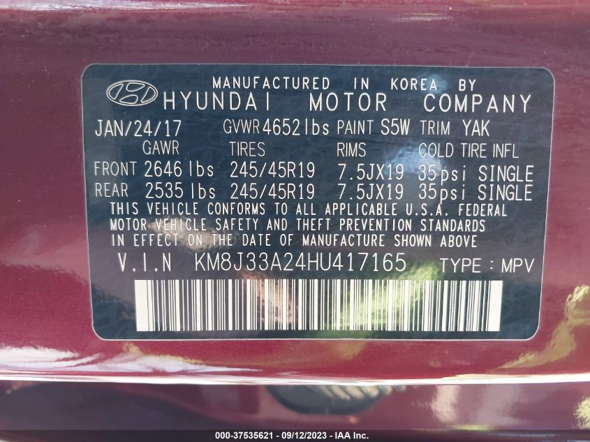 2017 HYUNDAI TUCSON LIMITED/SPORT AND ECO/SE - KM8J33A24HU417165