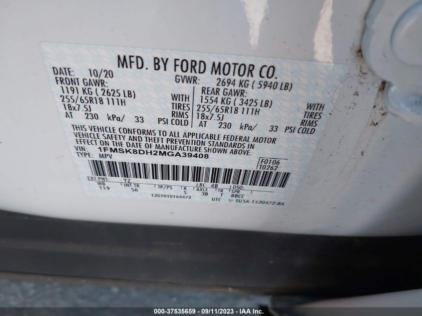 2021 FORD EXPLORER XLT - 1FMSK8DH2MGA39408