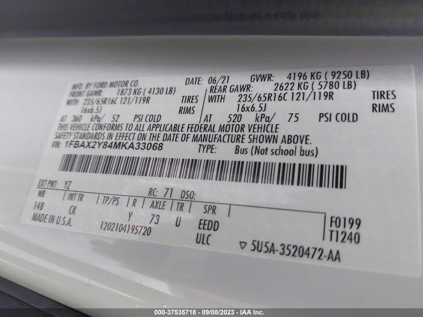 VIN 1FBAX2Y84MKA33068 2021 FORD TRANSIT PASSENGER WAGON XL/XLT