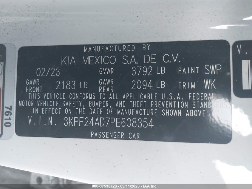 VIN 3KPF24AD7PE608354 2023 KIA FORTE LX/LXS