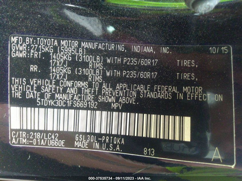 2015 TOYOTA SIENNA XLE/XLE AAS/LTD - 5TDYK3DC1FS669192