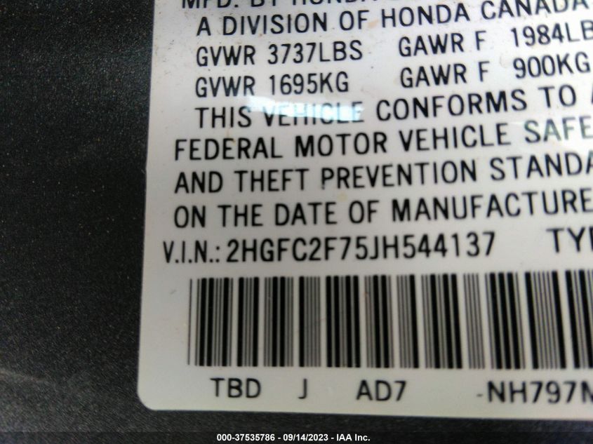 2018 HONDA CIVIC SEDAN EX - 2HGFC2F75JH544137