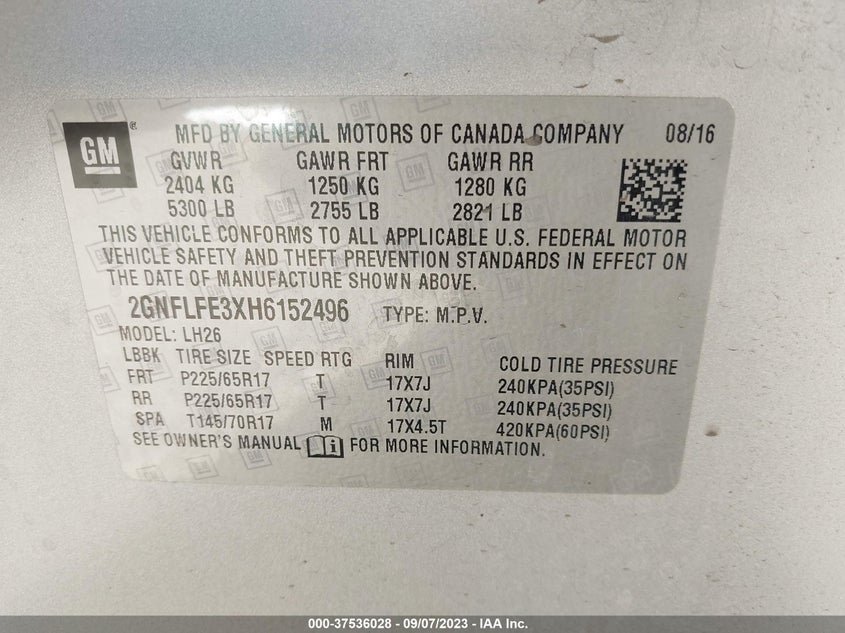 VIN 2GNFLFE3XH6152496 2017 CHEVROLET EQUINOX LT