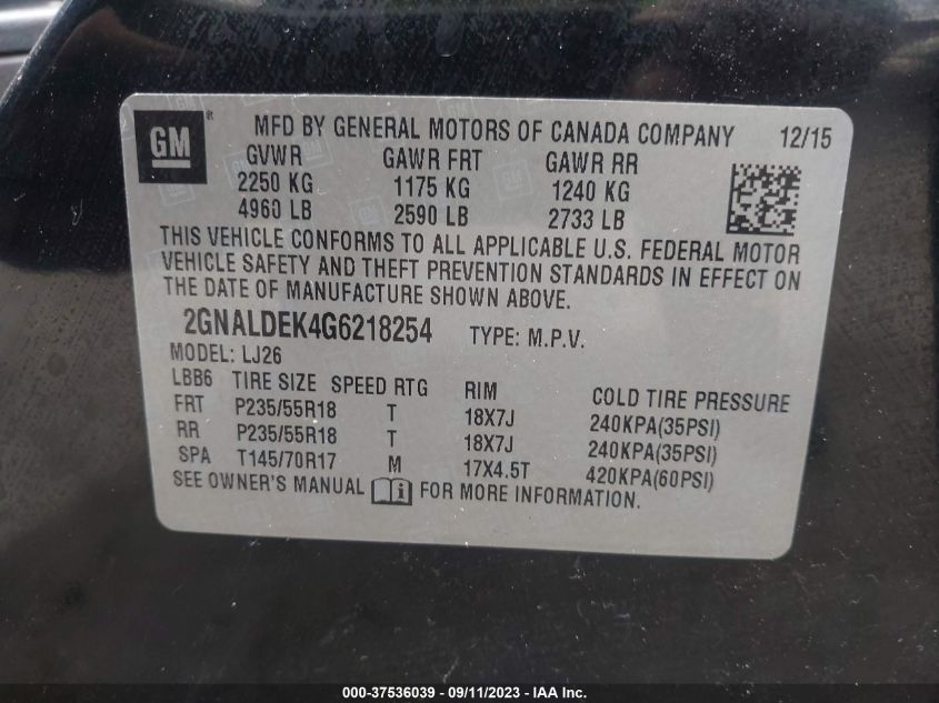 2016 CHEVROLET EQUINOX LTZ - 2GNALDEK4G6218254