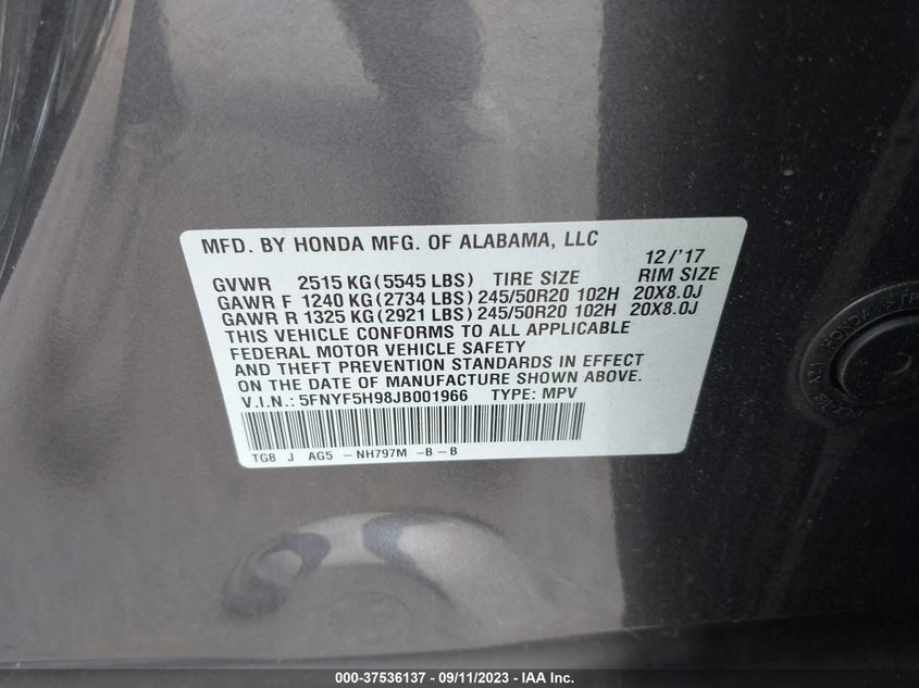 VIN 5FNYF5H98JB001966 2018 HONDA PILOT