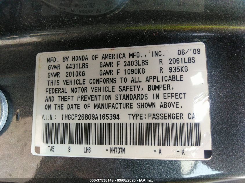 1HGCP26809A165394 | 2009 HONDA ACCORD