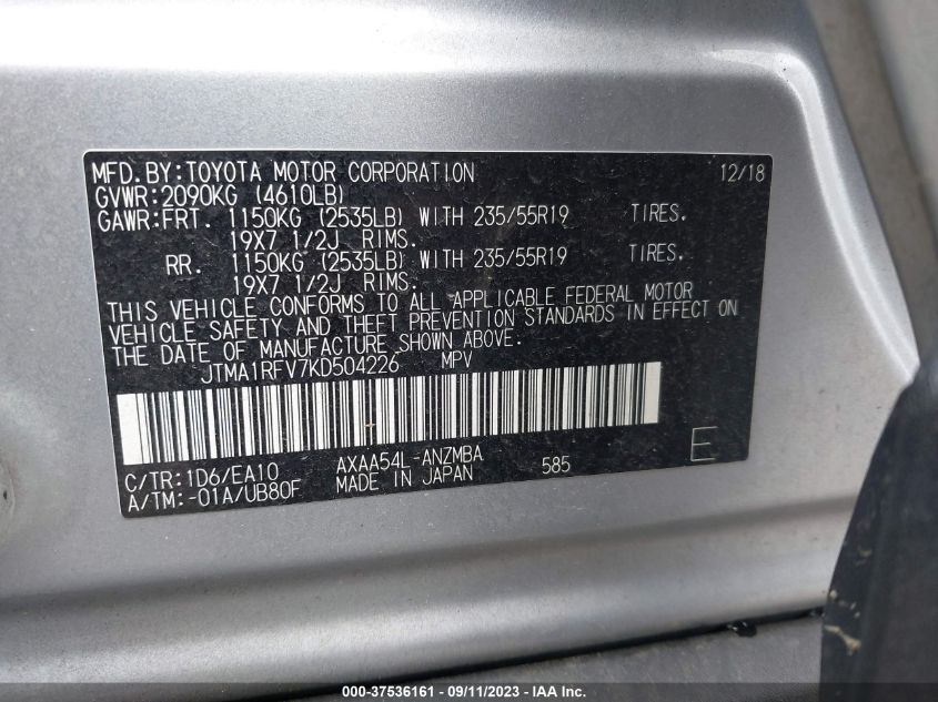 2019 TOYOTA RAV4 XLE PREMIUM - JTMA1RFV7KD504226