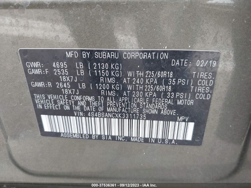 2019 SUBARU OUTBACK 2.5I LIMITED - 4S4BSANCXK3311735