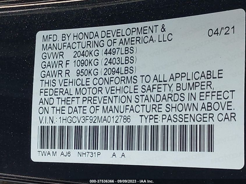 VIN 1HGCV3F92MA012786 2021 HONDA ACCORD HYBRID TOURING