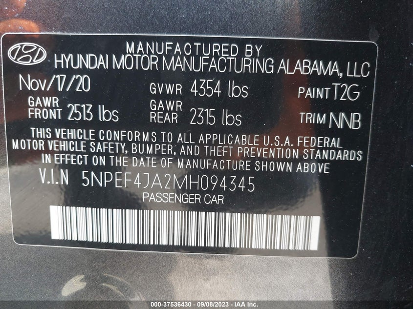 VIN 5NPEF4JA2MH094345 2021 HYUNDAI SONATA SEL