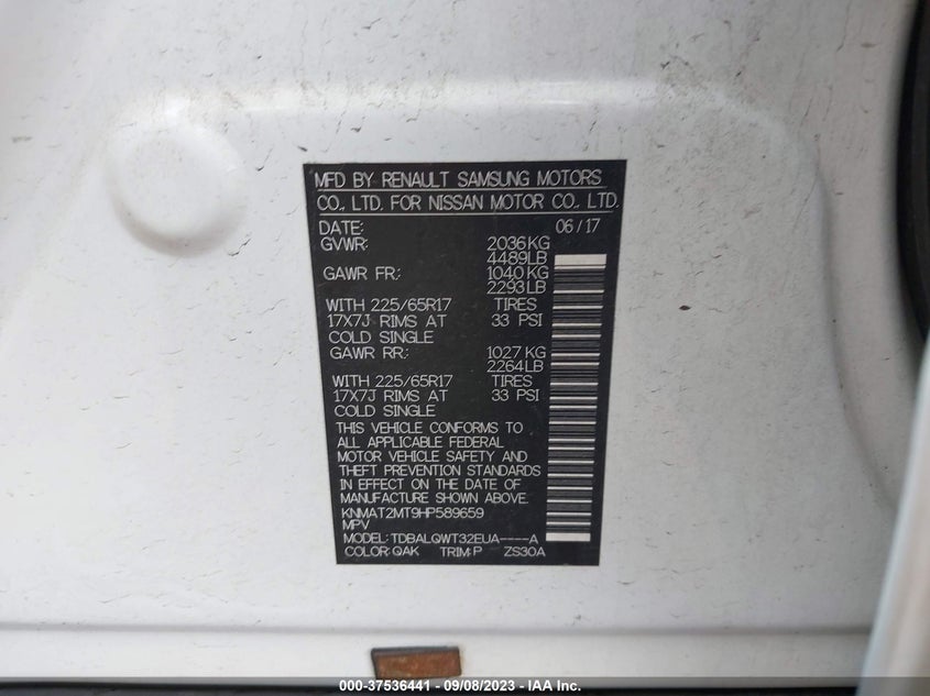 VIN KNMAT2MT9HP589659 2017 NISSAN ROGUE S/SV
