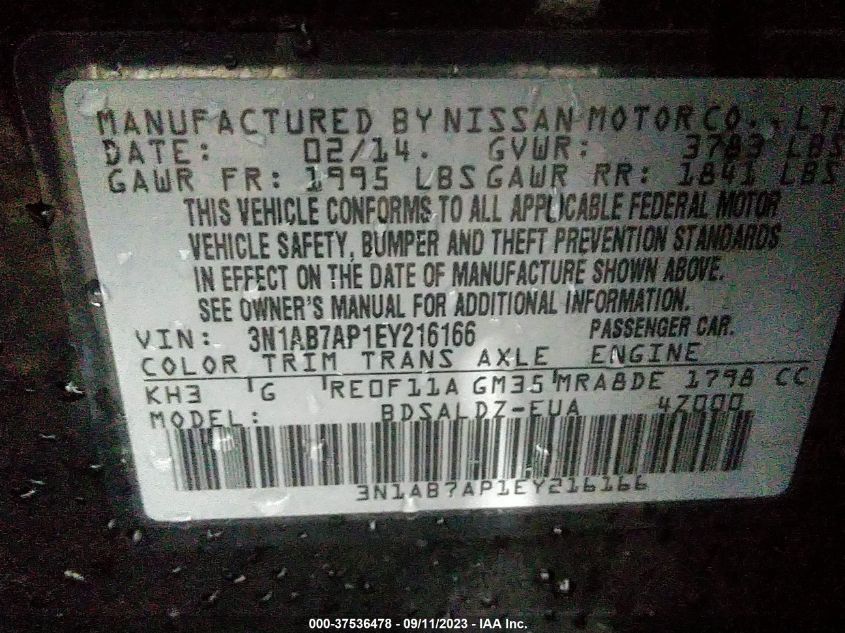 2014 NISSAN SENTRA S/FE+ S/SV/FE+ SV/SR/SL - 3N1AB7AP1EY216166
