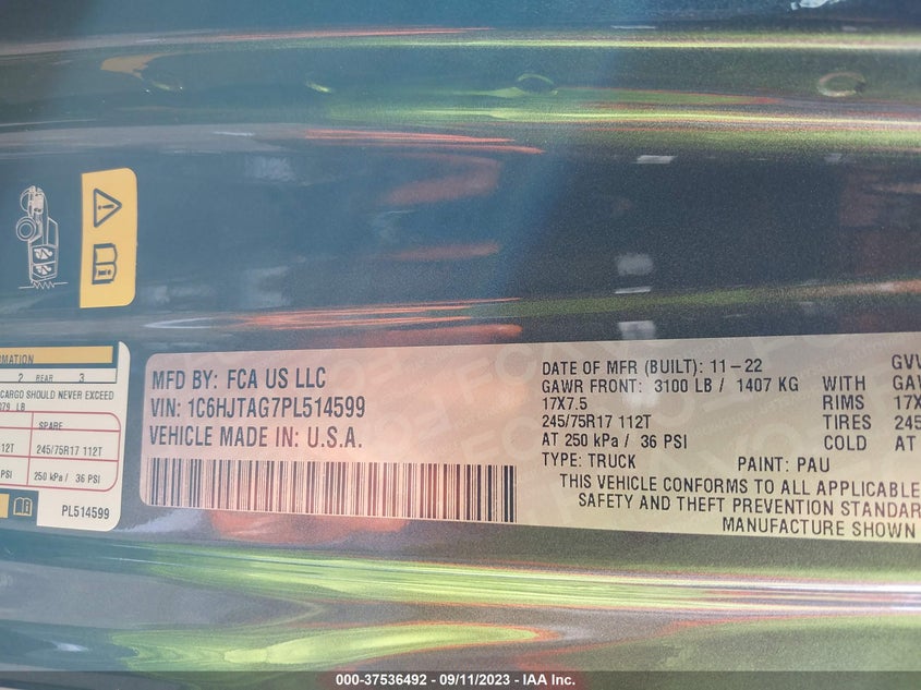 VIN 1C6HJTAG7PL514599 2023 JEEP GLADIATOR SPORT S