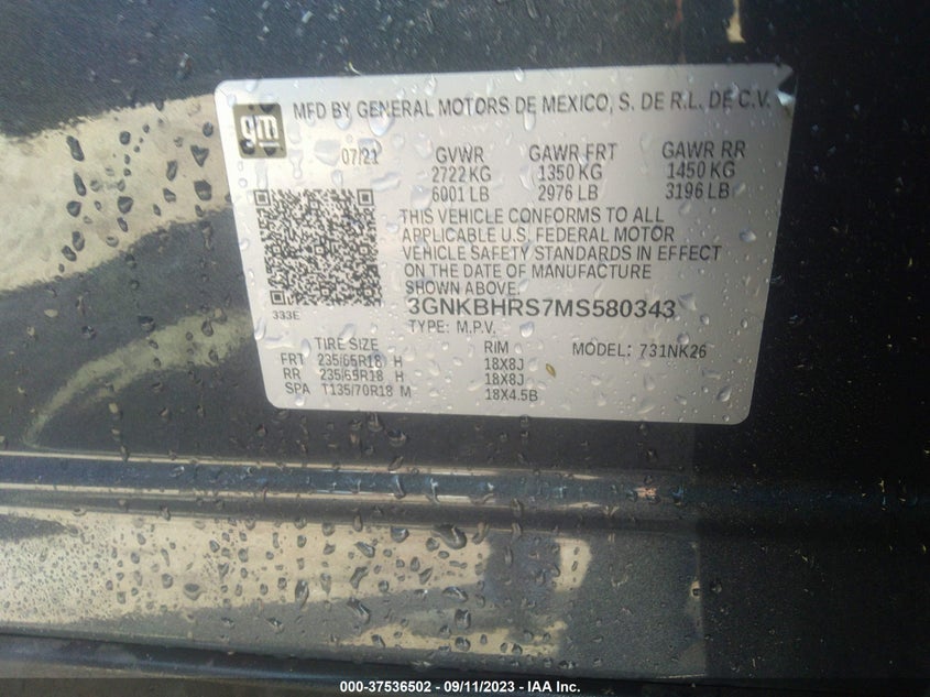 VIN 3GNKBHRS7MS580343 2021 CHEVROLET BLAZER LT