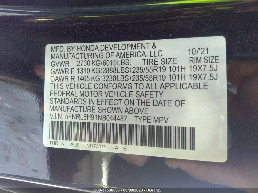 2022 HONDA ODYSSEY ELITE - 5FNRL6H91NB044487