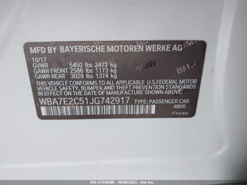 2018 BMW 7 SERIES 740I - WBA7E2C51JG742917
