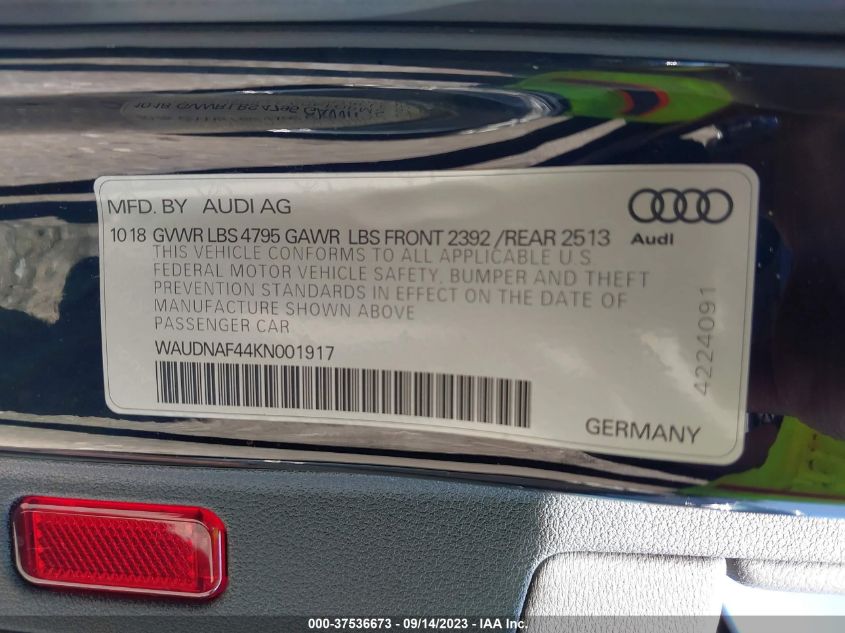2019 AUDI A4 PREMIUM - WAUDNAF44KN001917