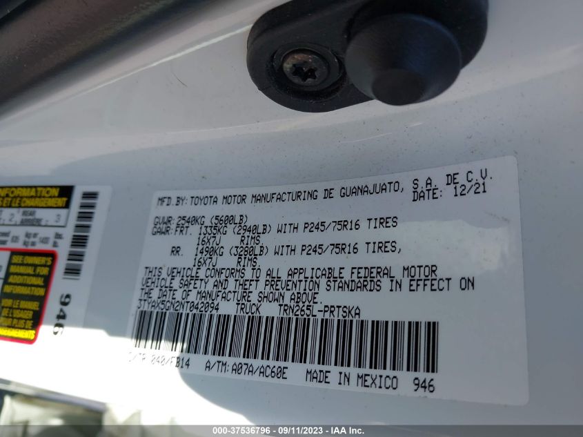 2022 TOYOTA TACOMA 2WD SR/SR5 - 3TYAX5GN2NT042094