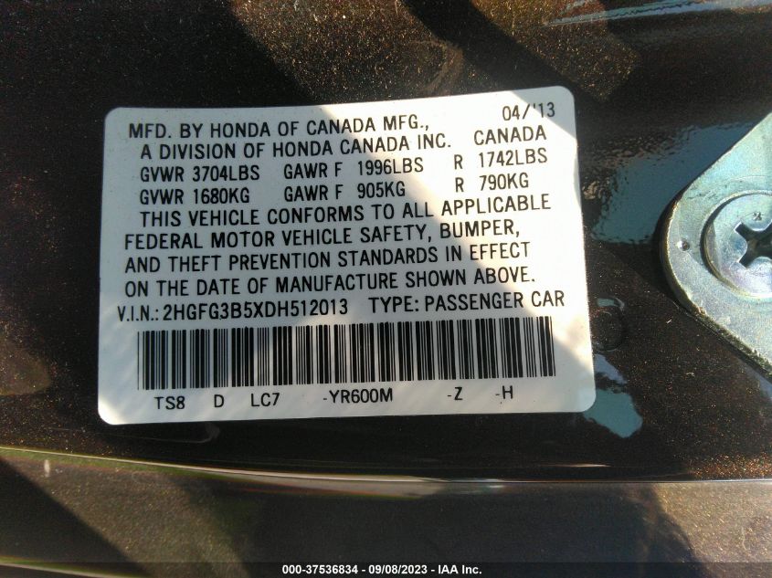 2013 HONDA CIVIC CPE LX 2HGFG3B5XDH512013