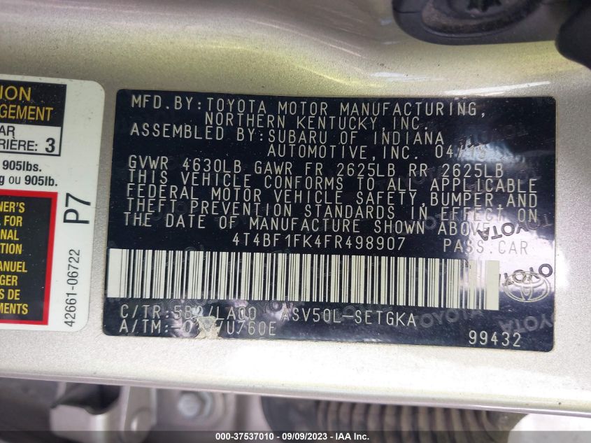 2015 TOYOTA CAMRY XLE - 4T4BF1FK4FR498907