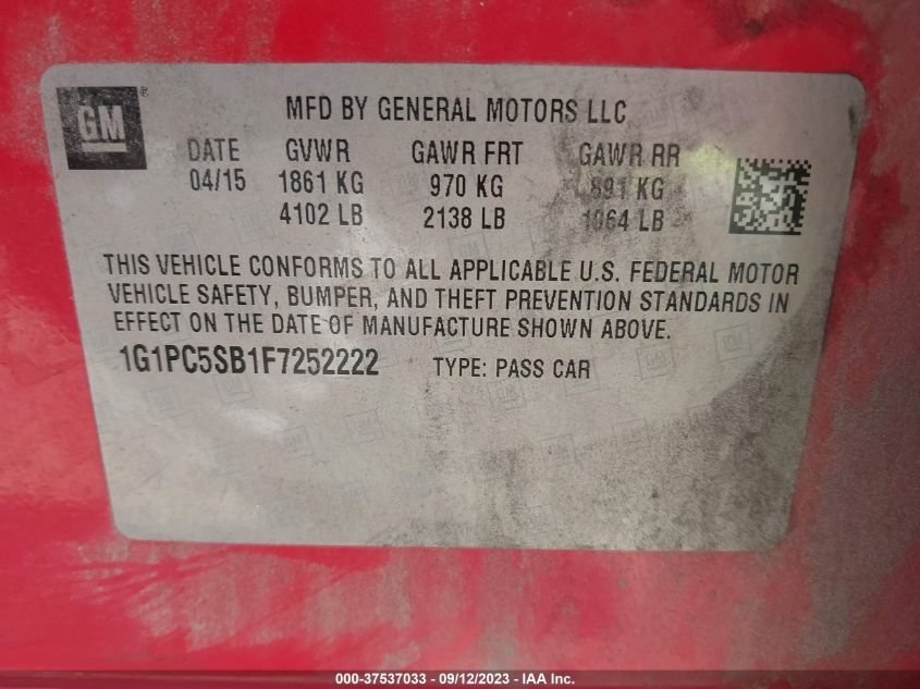 2015 CHEVROLET CRUZE LT - 1G1PC5SB1F7252222