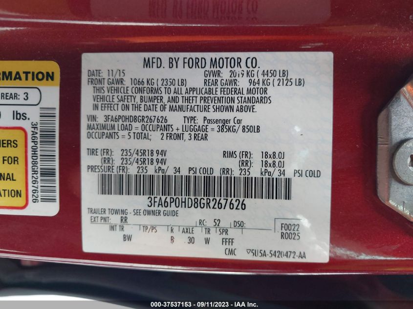 2016 FORD FUSION SE - 3FA6P0HD8GR267626