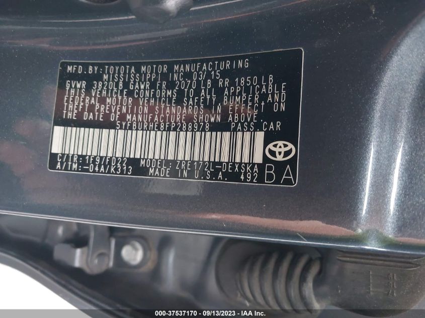2015 TOYOTA COROLLA L/LE/S/S PLUS/LE PLUS - 5YFBURHE8FP288978