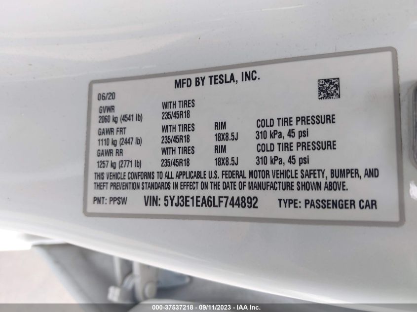 2020 TESLA MODEL 3 STANDARD RANGE - 5YJ3E1EA6LF744892