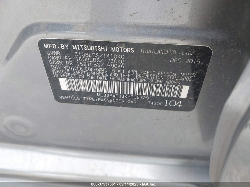 VIN ML32F4FJ3KHF08729 2019 MITSUBISHI MIRAGE G4 SE