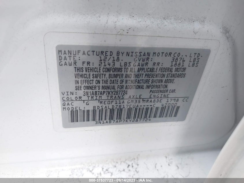 VIN 3N1AB7AP7KY287724 2019 NISSAN SENTRA SV