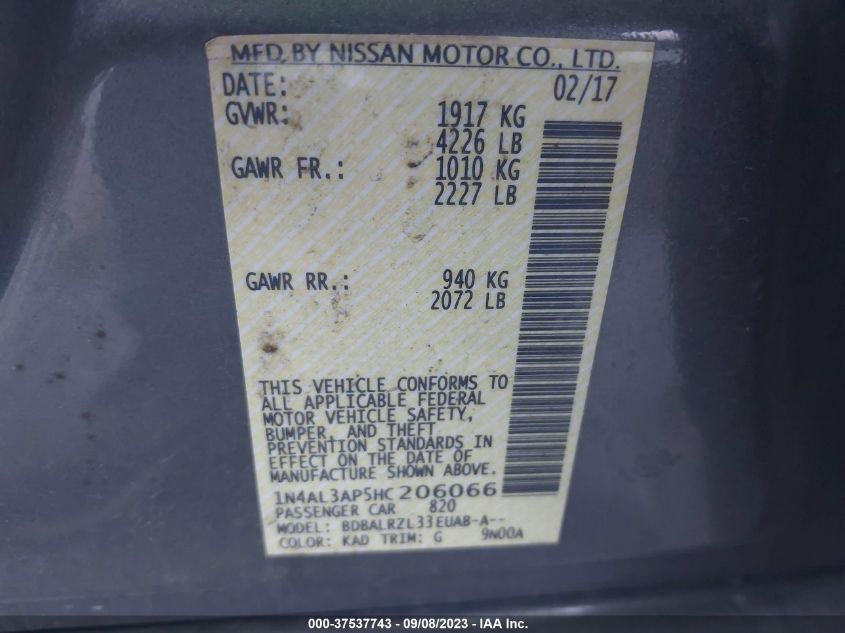 2017 NISSAN ALTIMA 2.5/S/SV/SL/SR - 1N4AL3AP5HC206066