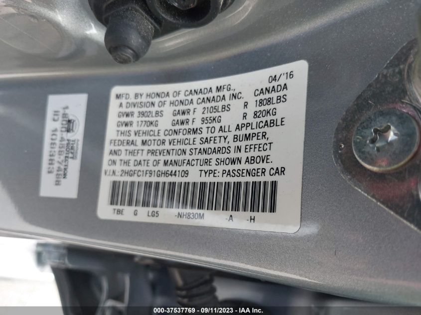 2016 HONDA CIVIC SEDAN TOURING - 2HGFC1F91GH644109