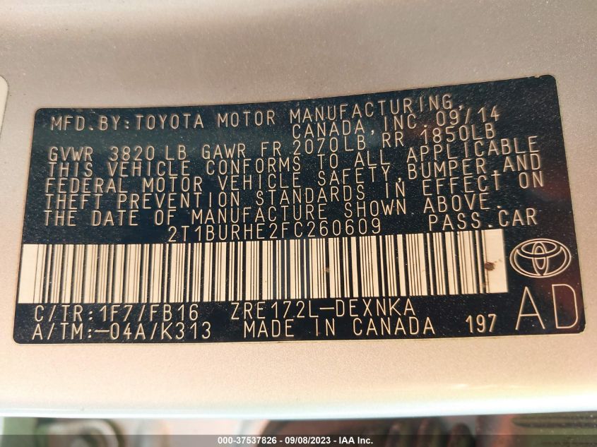 2015 TOYOTA COROLLA L/LE/LE PLS/PRM/S/S PLS - 2T1BURHE2FC260609