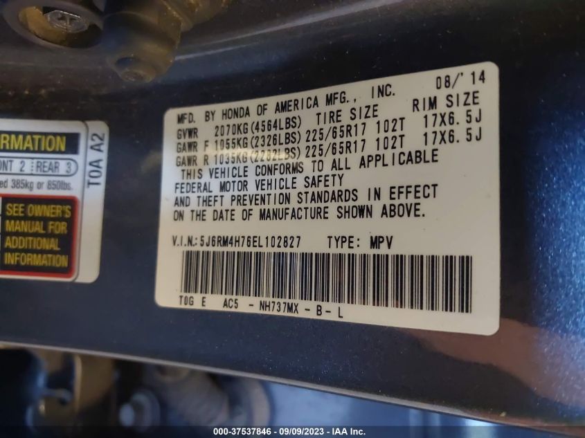 2014 HONDA CR-V EX-L - 5J6RM4H76EL102827
