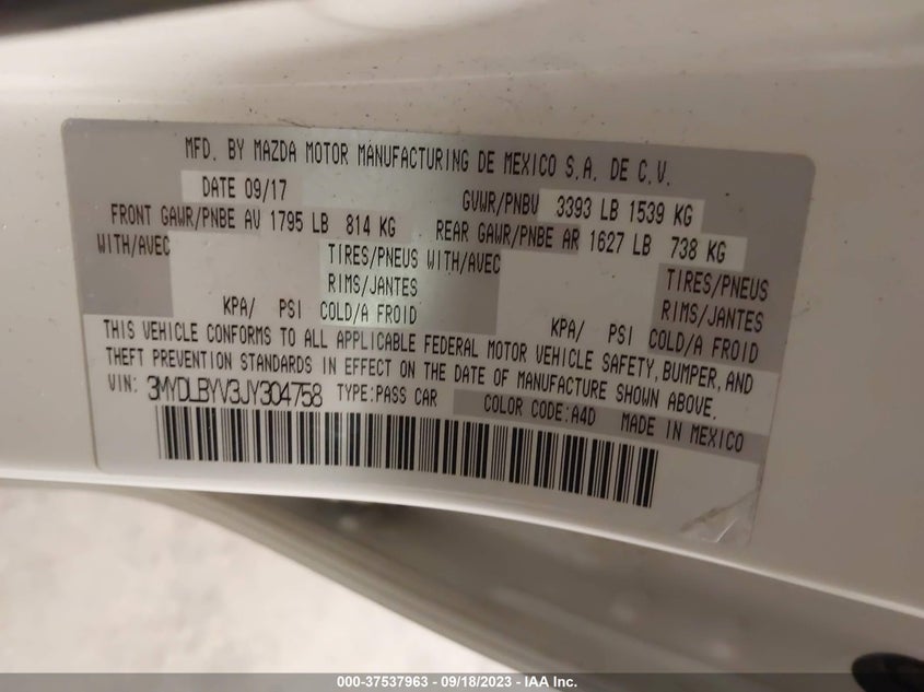 VIN 3MYDLBYV3JY304758 2018 TOYOTA YARIS IA