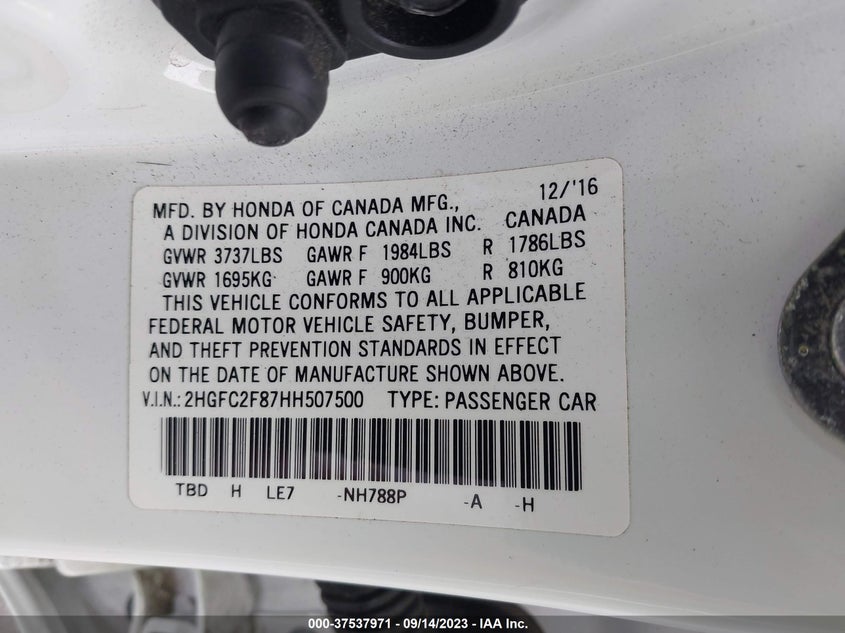 VIN 2HGFC2F87HH507500 2017 HONDA CIVIC SEDAN EX