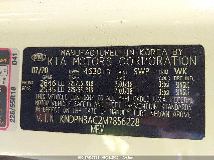 VIN KNDPN3AC2M7856228 2021 KIA SPORTAGE EX