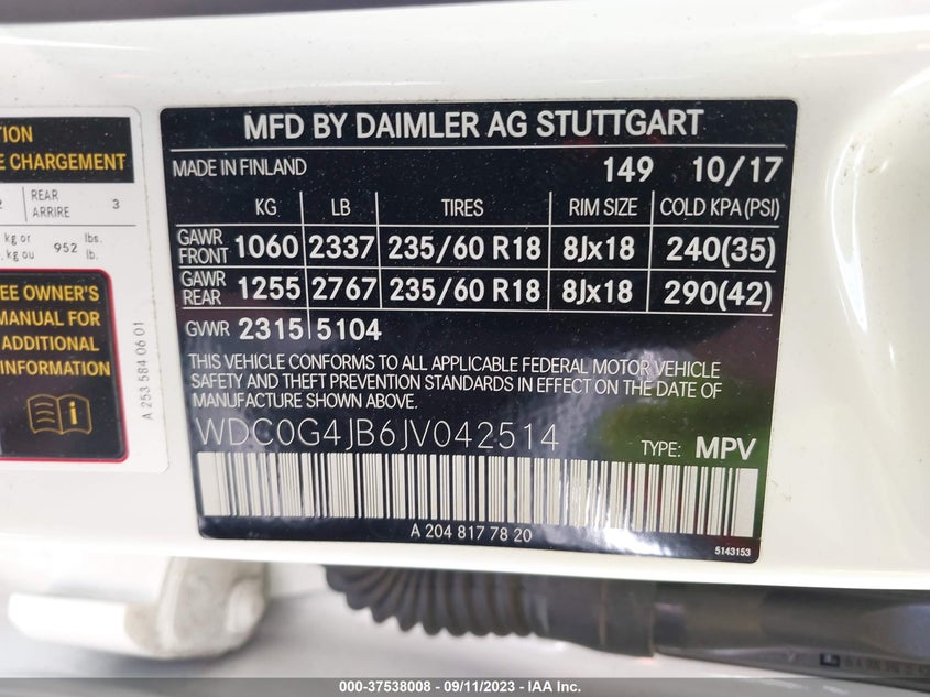 VIN WDC0G4JB6JV042514 2018 MERCEDES-BENZ GLC GLC 300