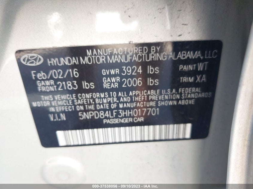 VIN 5NPD84LF3HH017701 2017 HYUNDAI ELANTRA LIMITED