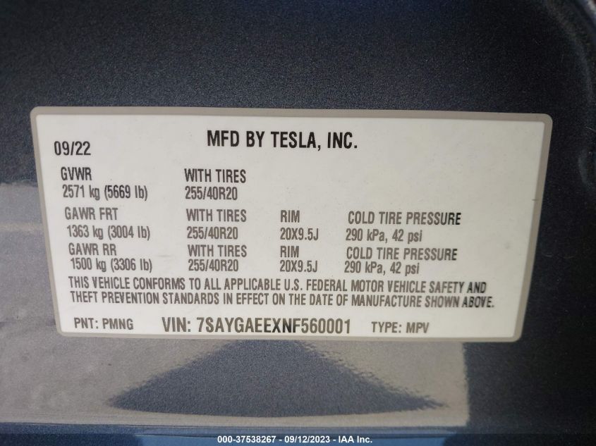 2022 TESLA MODEL Y LONG RANGE - 7SAYGAEEXNF560001