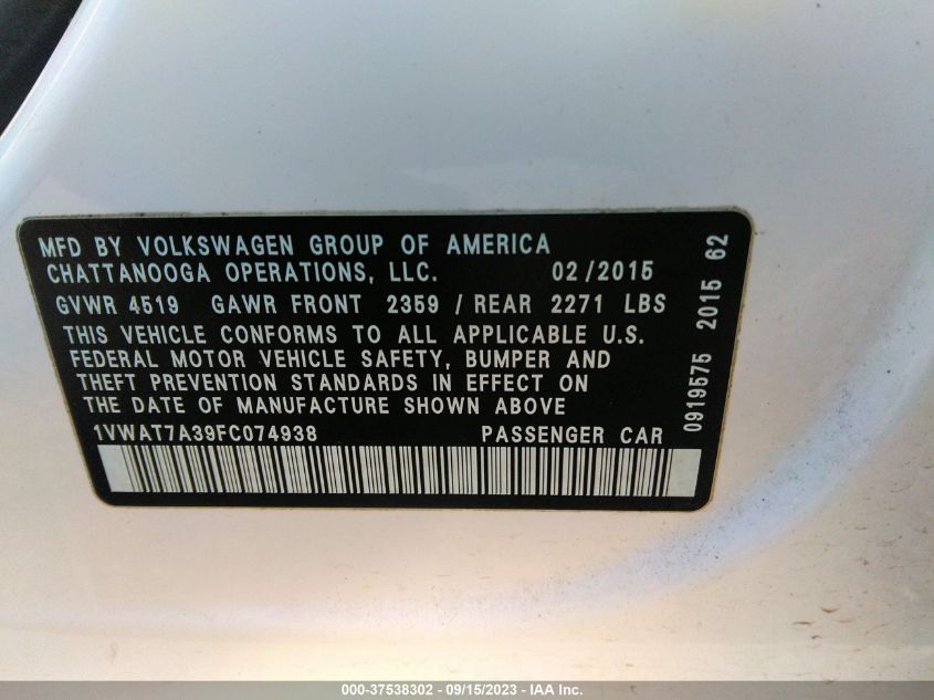 1VWAT7A39FC074938 | 2015 VOLKSWAGEN PASSAT