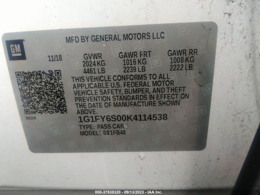 2019 CHEVROLET BOLT EV LT - 1G1FY6S00K4114538