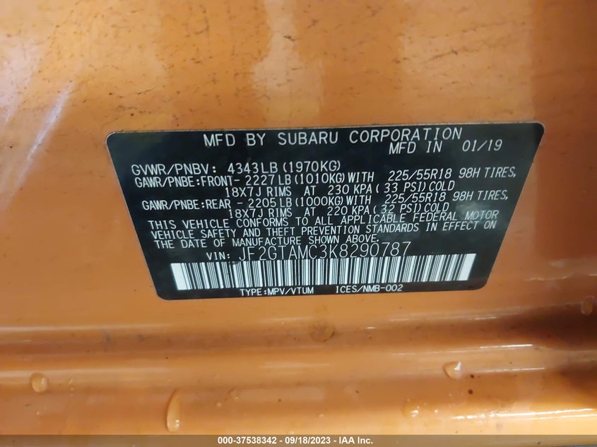 VIN JF2GTAMC3K8290787 2019 SUBARU CROSSTREK LIMITED