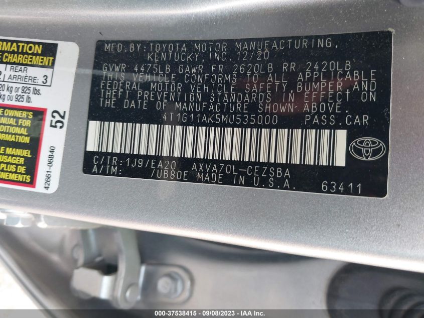 2021 TOYOTA CAMRY SE - 4T1G11AK5MU535000