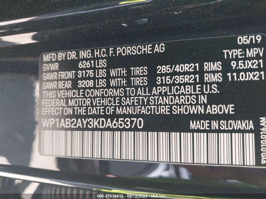VIN WP1AB2AY3KDA65370 2019 PORSCHE CAYENNE S