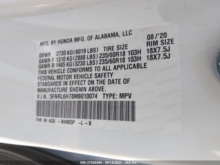 2021 HONDA ODYSSEY EX-L - 5FNRL6H78MB010074