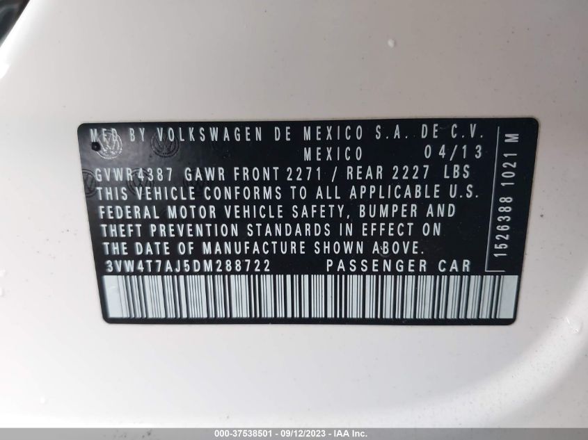 2013 VOLKSWAGEN GLI AUTOBAHN 3VW4T7AJ5DM288722